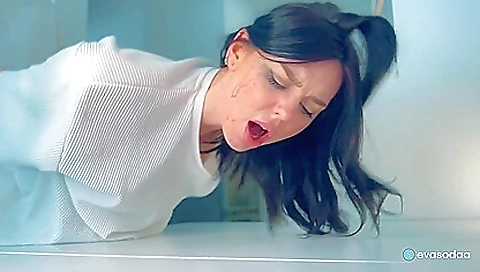 Eva soda with a deepthroat and stockings on the couch