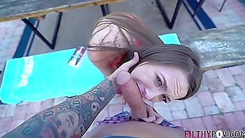 Blonde step sister with a lovely face is on massage and blowjob