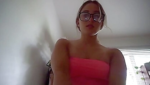 Amateur blonde with glasses making a great homemade video