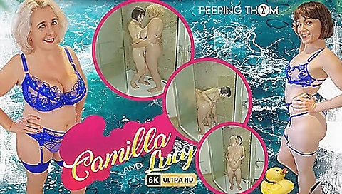 Brunette milf with big tits masturbates in the shower