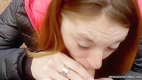 Big cock brunette enjoys deepthroat blowjob in outdoor