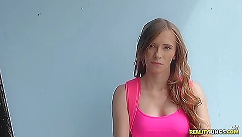 Busty brunette teen in stockings and dress is horny