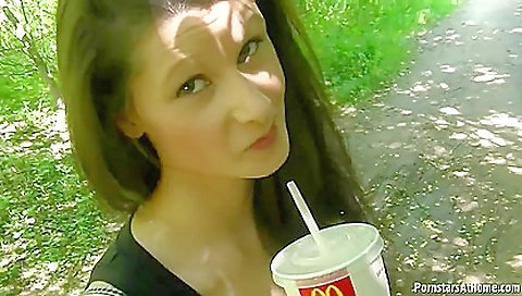 Brunette girl with a great body is going out to the woods