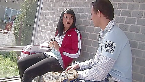 Brunette teen beauties riding a big cock in the outdoor gym