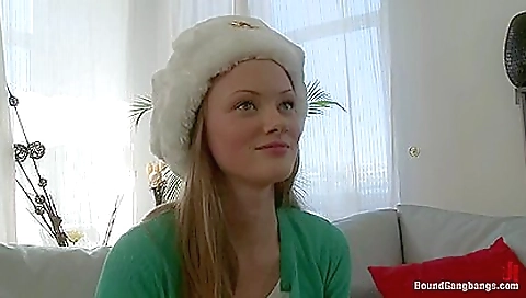 Busty blonde woman getting pounded by a group of men