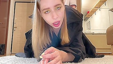 Blonde woman in a sexy outfit deepthroats her husband