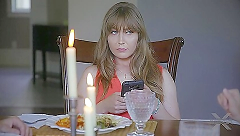 Busty milf babe with a shaved pussy takes a blow job